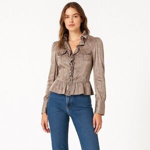 BAXIS & BAXIS x VINTAGE y2k satin feel‎ brown hook & eye ruffle top S